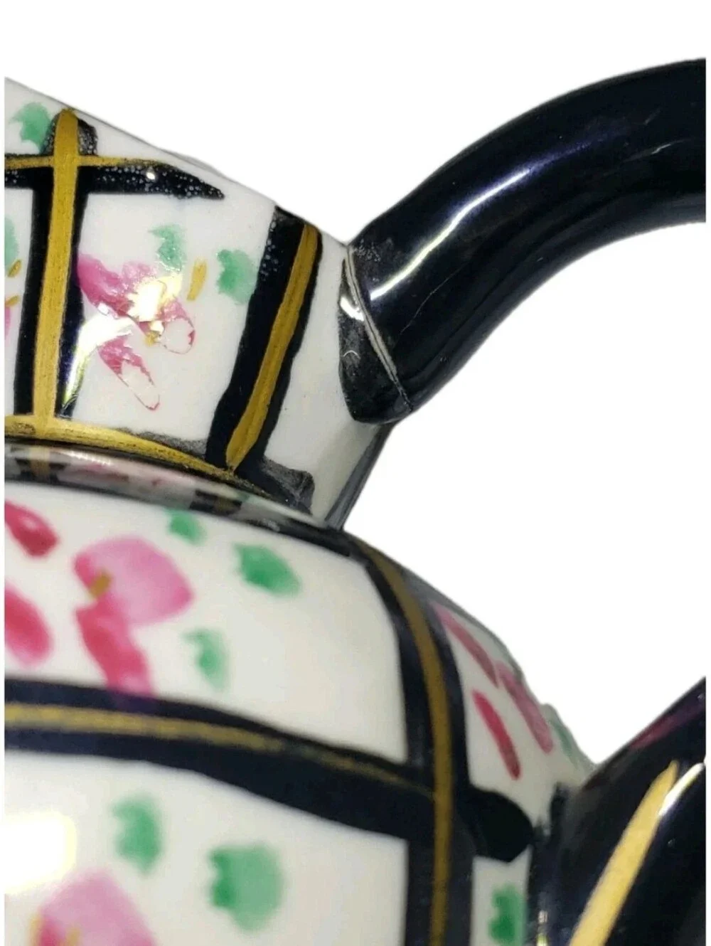 Vtg Handpainted Black Gold Floral Checkered Pitcher Vase